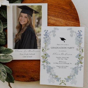 Blue Floral Graduation Invitation with Photo