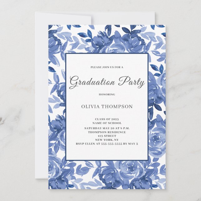 Blue Floral Graduation Party Invitation (Front)