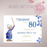 Blue Floral Grandmother with Cane 80th Birthday Magnetic Invitation<br><div class="desc">Cute floral invitation for your dear mother or grandmother’s birthday party. Designed in beautiful blue colors, the illustrations combine some watercolor flowers with the old lady holding a cane. She is dressed in a blue jacket, blue skirt and brown sleepers. Her grey hair is tight in a bun and he...</div>