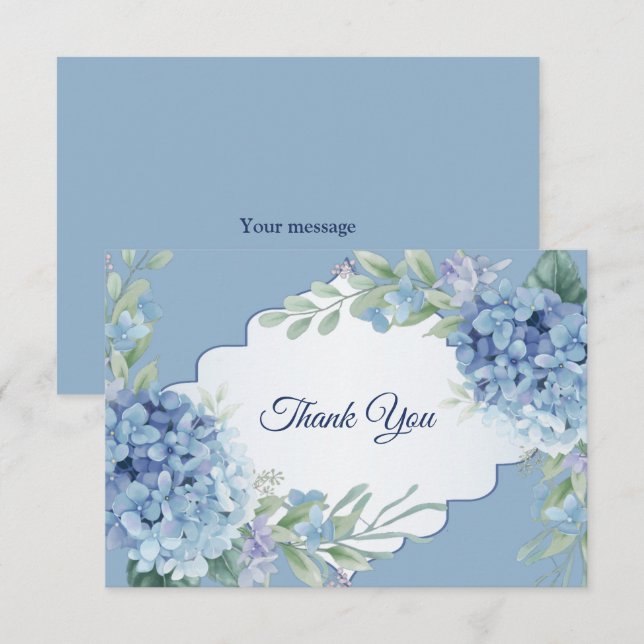 Blue Floral Green Leaves Frame Elegant Wedding Thank You Card (Front/Back)