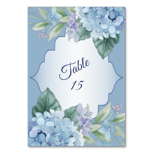 Blue Floral Green Leaves Frame Wedding Party Table Number (Front)