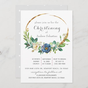 Blue Floral Greenery Baptism Boy  Invitation