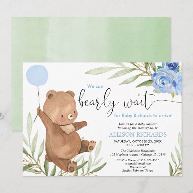 Blue floral greenery bear balloon boy baby shower invitation (Front/Back)