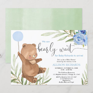 Blue floral greenery bear balloon boy baby shower invitation
