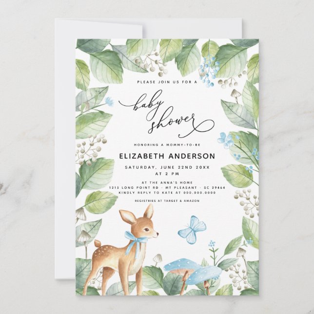 Blue Floral Greenery Deer Boy Baby Shower Invitation (Front)