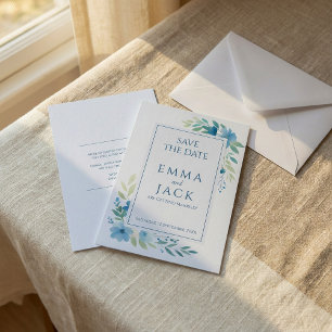 Blue floral greenery elegant wedding save the date