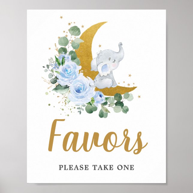 Blue Floral Greenery Elephant Crescent Moon Favour Poster (Front)