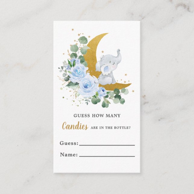 Blue Floral Greenery Elephant Guess Candies Game  Enclosure Card (Front)
