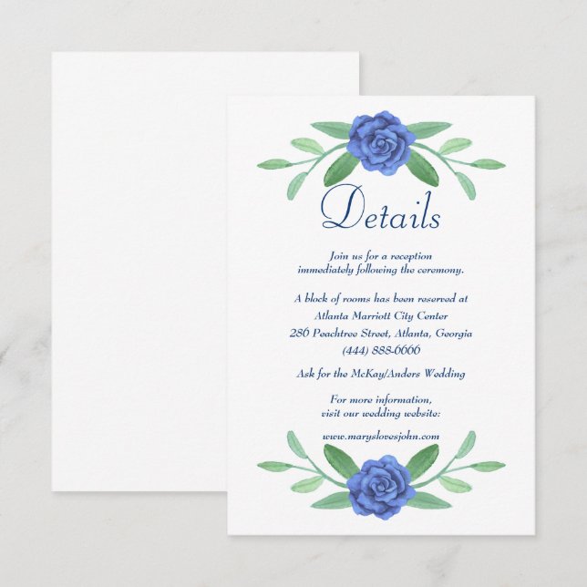 Blue Floral Greenery Foliage Wedding Details Card (Front/Back)