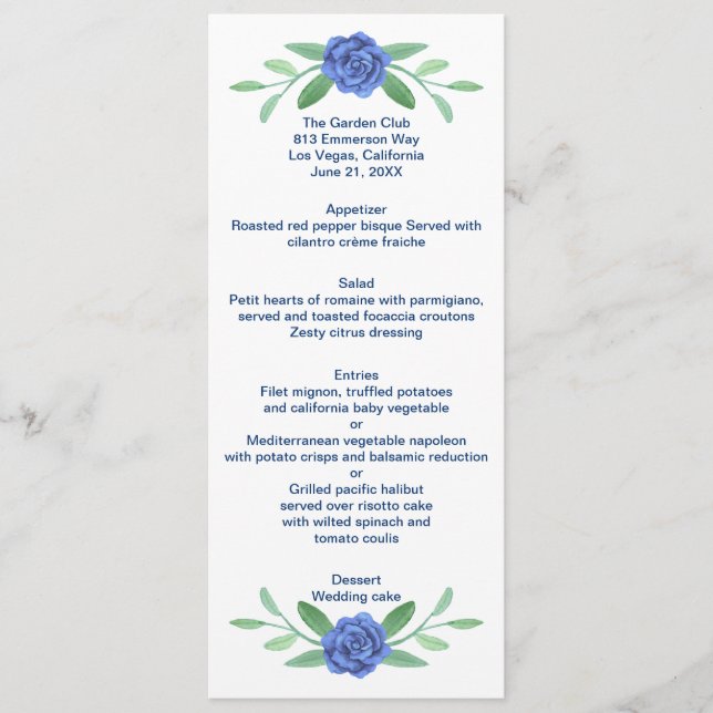 Blue Floral Greenery Foliage Wedding Menu Card (Front)