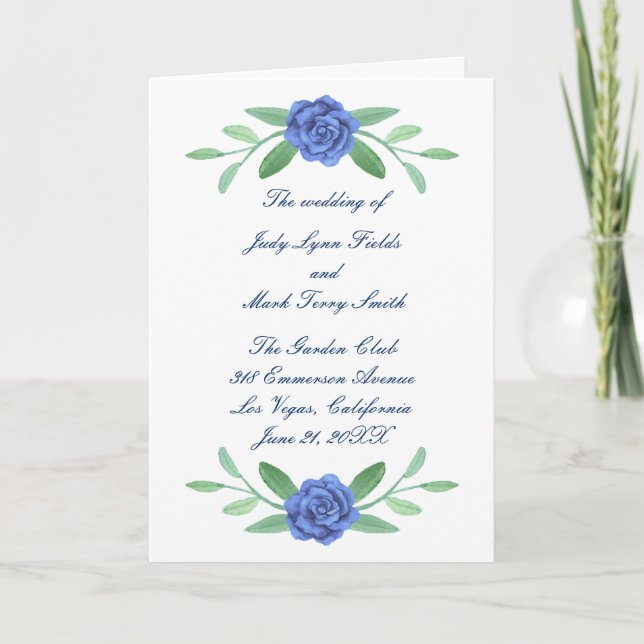 Blue Floral Greenery Foliage Wedding Program Card (Front)