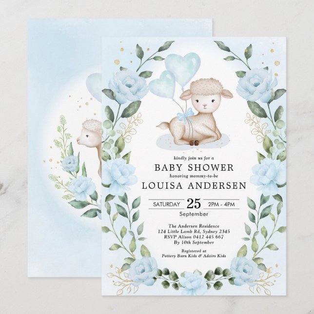 Blue Floral Greenery Little Lamb Baby Sheep Shower Invitation (Front/Back)
