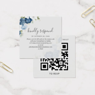 Blue Floral Greenery QR Code Wedding RSVP Card