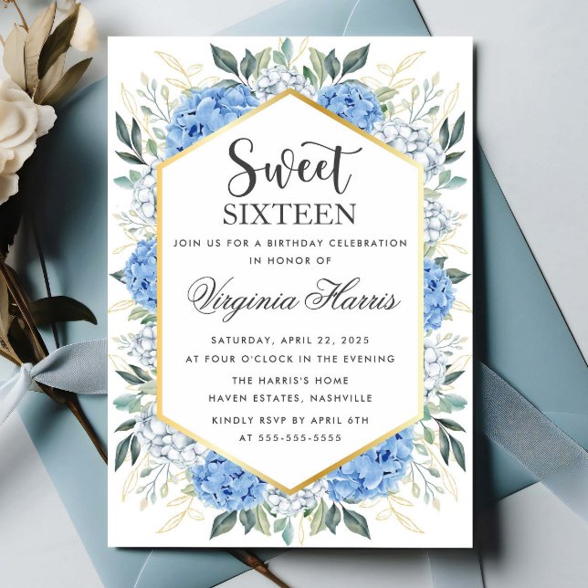 Blue Floral Greenery Sweet Sixteen 16 Birthday Invitation (Creator Uploaded)