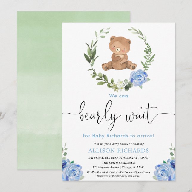 Blue floral greenery teddy bear boy baby shower invitation (Front/Back)