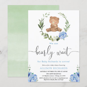 Blue floral greenery teddy bear boy baby shower invitation