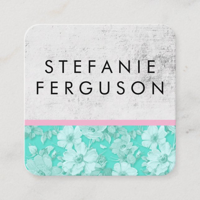 Blue Floral Grunge Texture Square Business Card (Front)