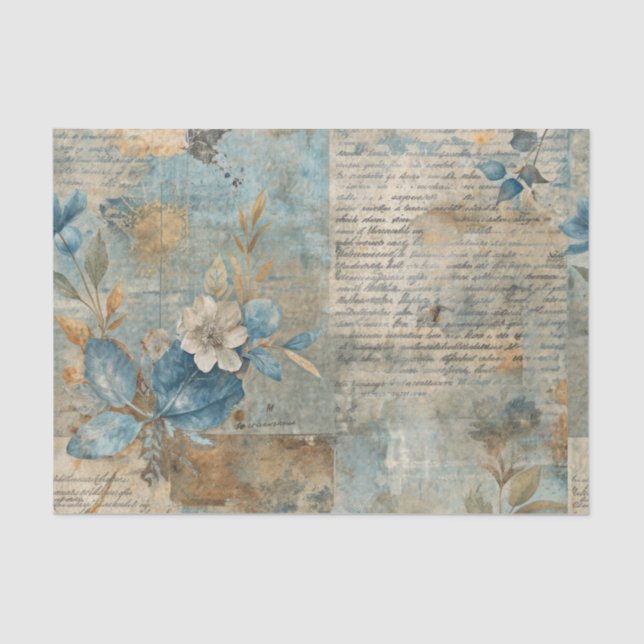 Blue Floral Grungy Distressed Ephemera Collage Tissue Paper (Front)