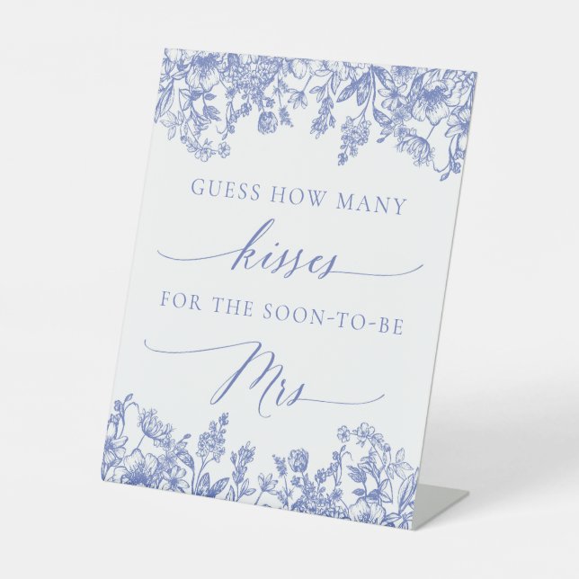 Blue Floral Guess How Many Kisses Bridal Sign (Front)
