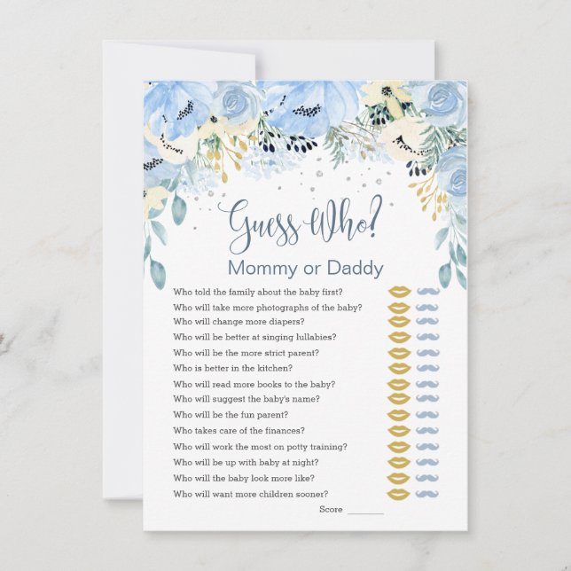 Blue Floral Guess Who Baby Shower Games Invitation (Front)
