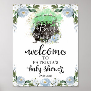 Blue Floral Halloween Baby Shower Welcome Sign 