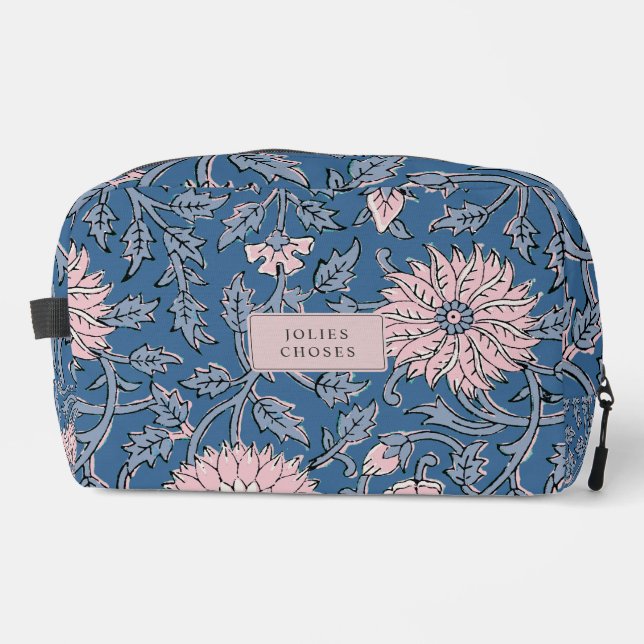 Blue floral hand block style cosmetic bag (Front)