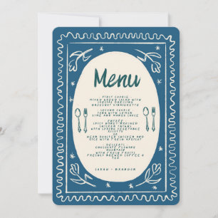 Blue Floral Handwritting Modern Wedding  Menu  Invitation