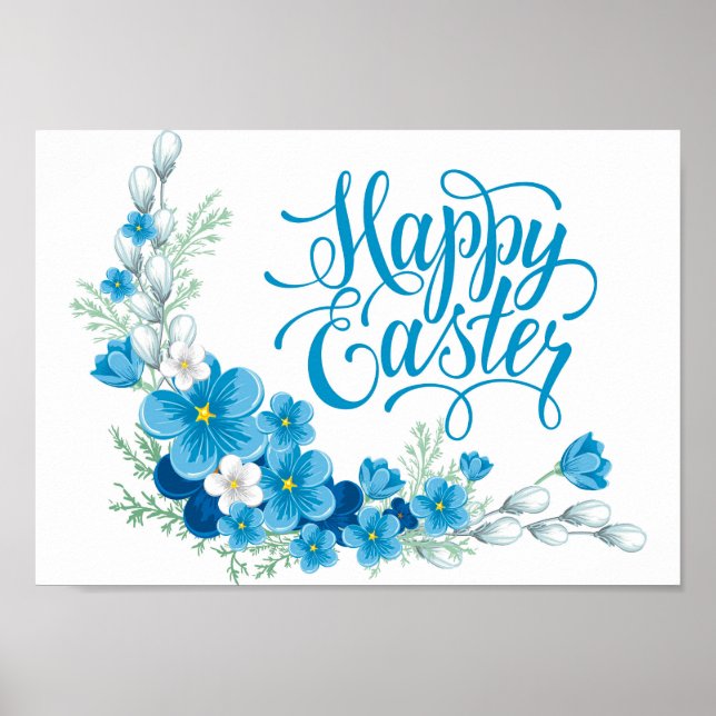Blue floral Happy Easter poster (Front)