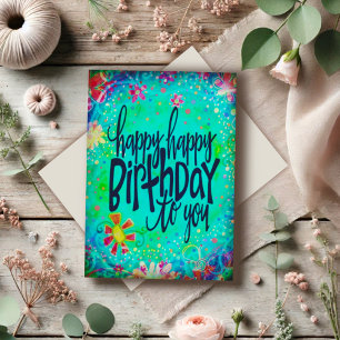 Blue Floral Happy Happy Birthday Fun Colourful Card