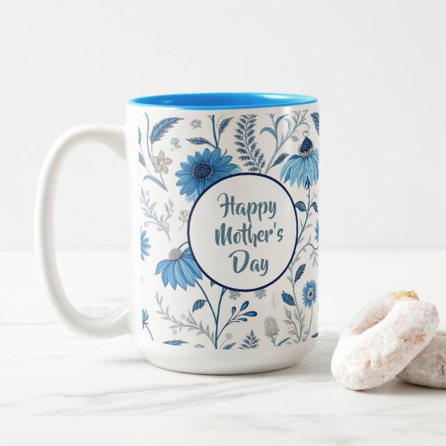 Blue Floral Happy Mother's Day Two-Tone Coffee Mug (With Donut)