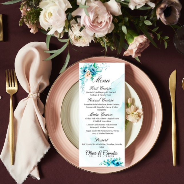 Blue Floral Hawaiian Wedding Menu Card (Creator Uploaded)