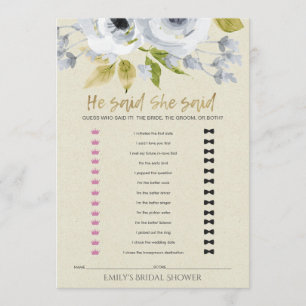 BLUE FLORAL HE SAID SHE SAID BRIDAL SHOWER GAME INVITATION