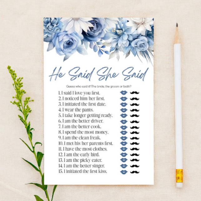 Blue Floral He Said She Said Bridal Shower Game Stationery (Creator Uploaded)