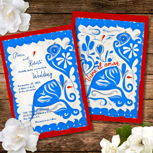 Blue Floral Heart Papel Picado Mexican Wedding Invitation