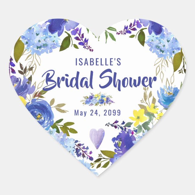 Blue Floral & Heart Personalised Bridal Shower Heart Sticker (Front)