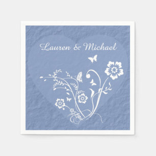 Blue Floral Heart Personalised Wedding Napkin