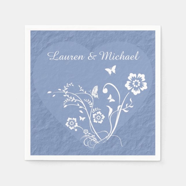 Blue Floral Heart Personalised Wedding Napkin (Front)