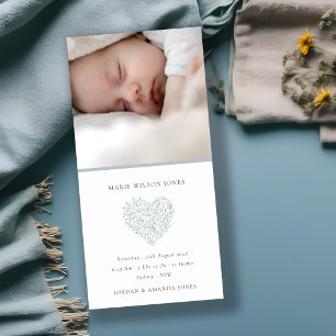 Blue Floral Heart Photo Baby Birth Announcement 