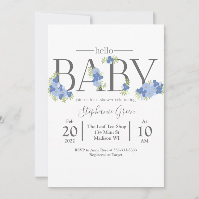 Blue Floral Hello Baby - Shower Invitation  (Front)