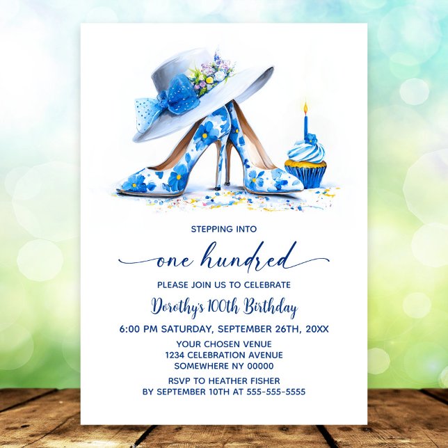 Blue Floral High Heel Shoes 100th Birthday Party Invitation (Creator Uploaded)