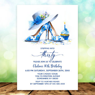 Blue Floral High Heel Shoes 30th Birthday Party Invitation