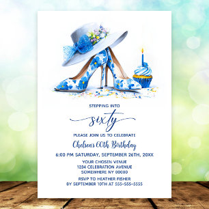 Blue Floral High Heel Shoes 60th Birthday Party Invitation