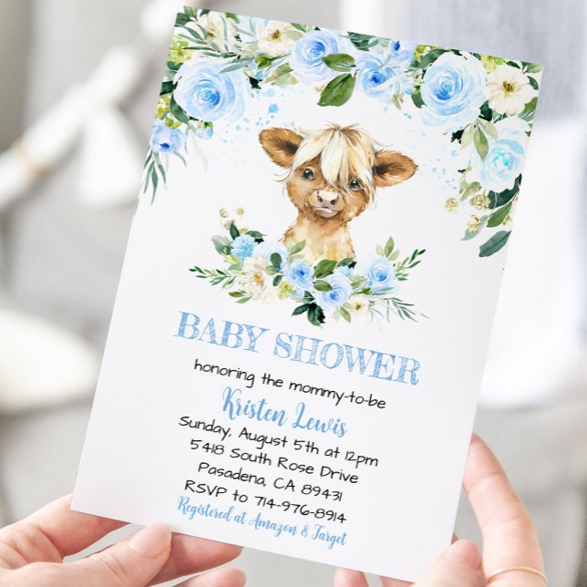Blue Floral Highland Cow Baby Shower Invite (Creator Uploaded)