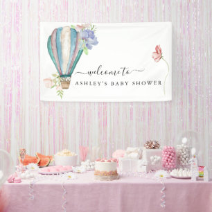 Blue Floral Hot Air Balloon Baby Shower Banner