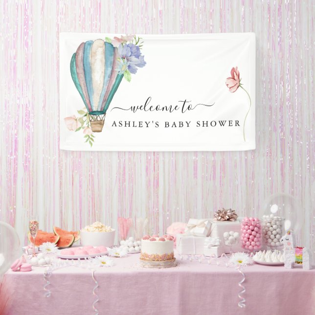 Blue Floral Hot Air Balloon Baby Shower Banner (Party)