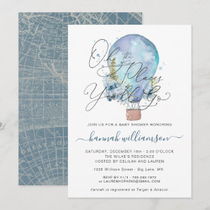 Blue Floral Hot Air Balloon Baby Shower Invitation