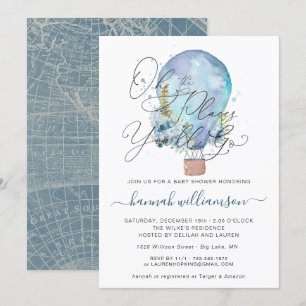 Blue Floral Hot Air Balloon Baby Shower Invitation