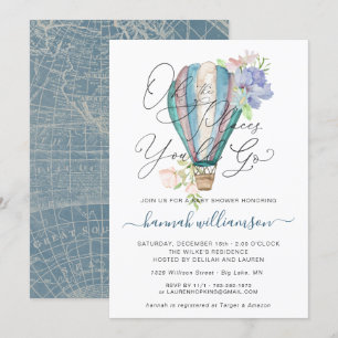 Blue Floral Hot Air Balloon Baby Shower Invitation