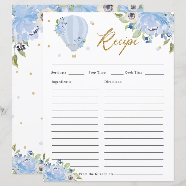 Blue Floral Hot Air Balloon Bridal Bring Recipe (Front/Back)