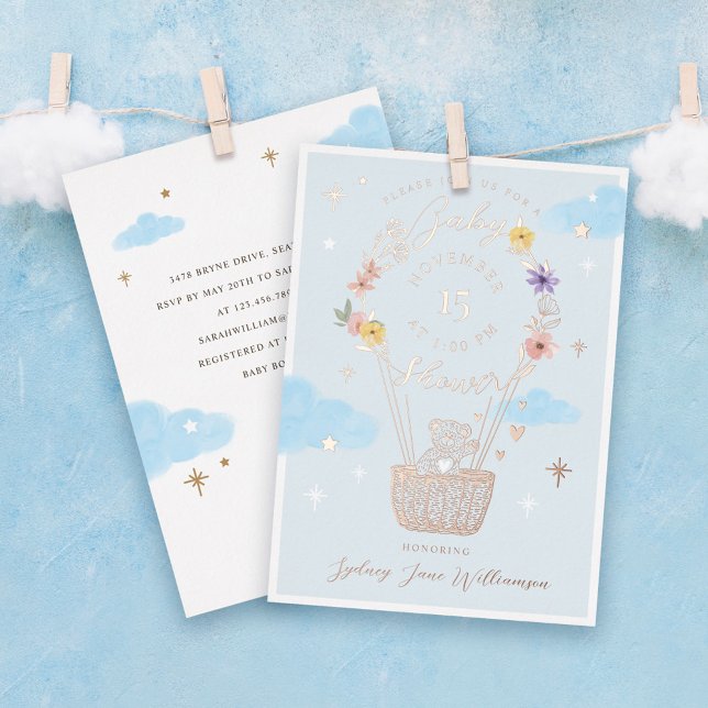 Blue Floral Hot Air Balloon Teddy Bear Baby Shower (Creator Uploaded)